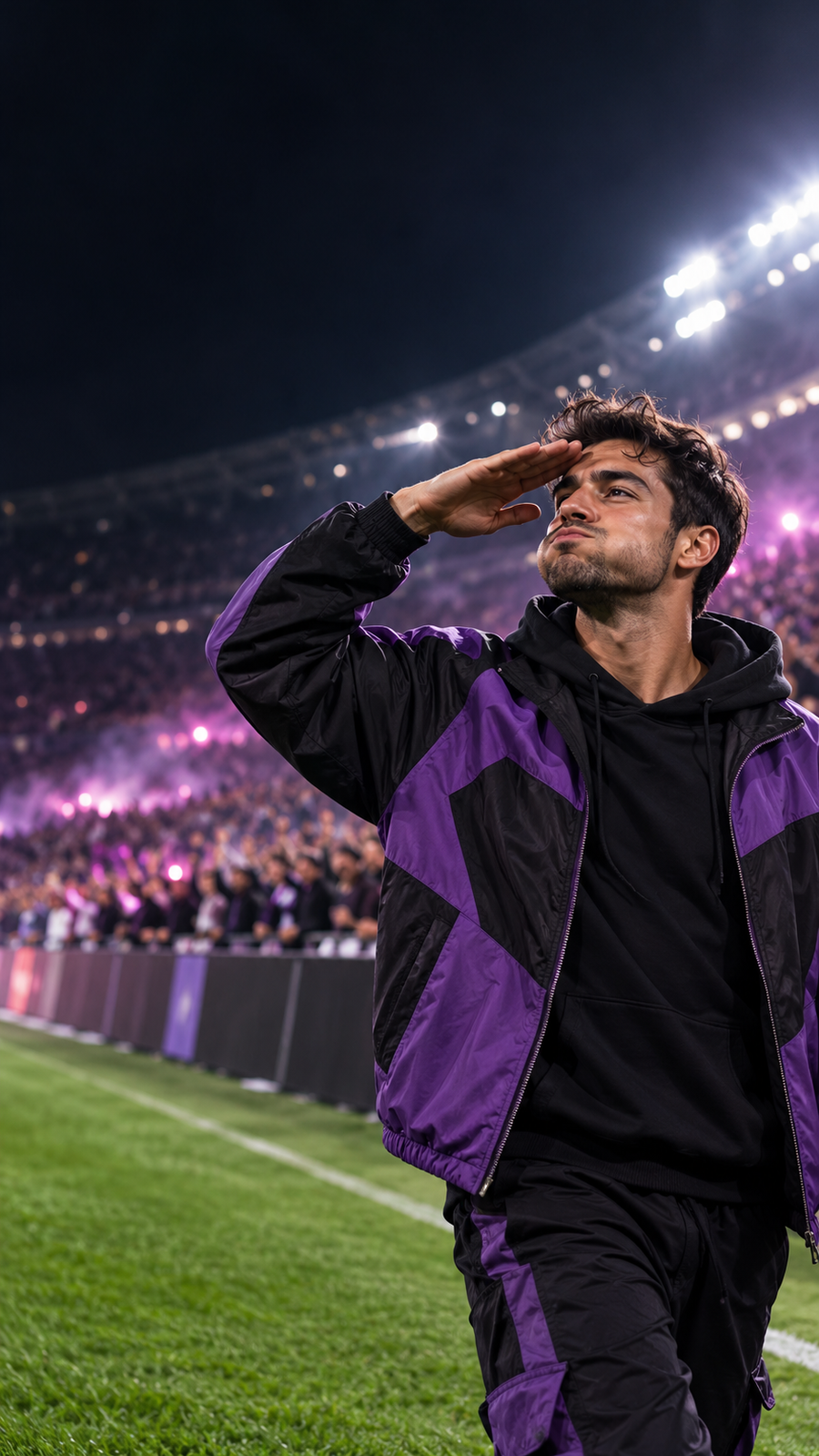 A purple-jacket adult celebrates on the touchline in color