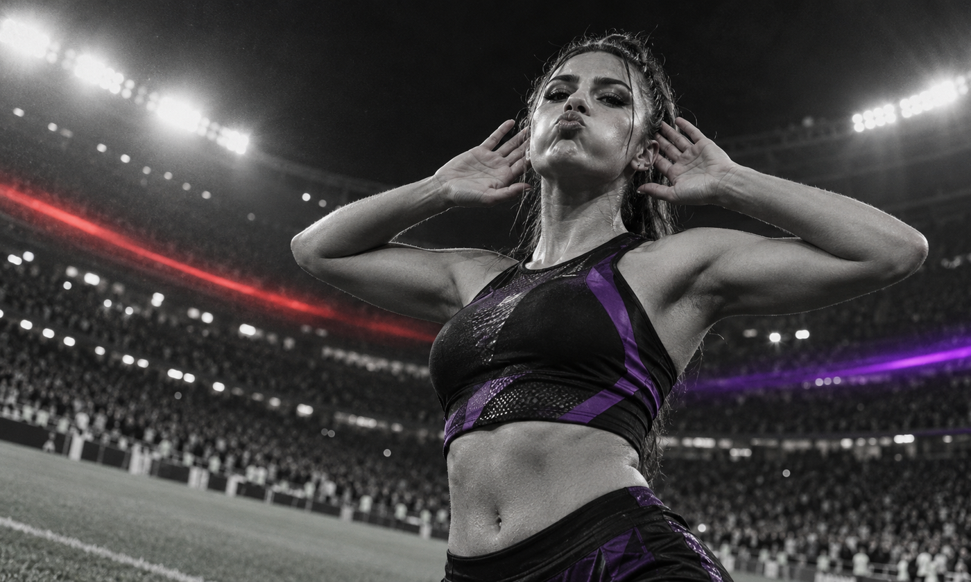 Black-and-white close-up of an adult with both hands behind the ears in a stadium